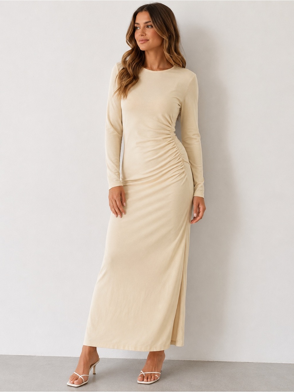 Zara Cream Ruched Side Maxi Dress Long Sleeve Bodycon Stretch Women’s Small - Picture 1 of 4